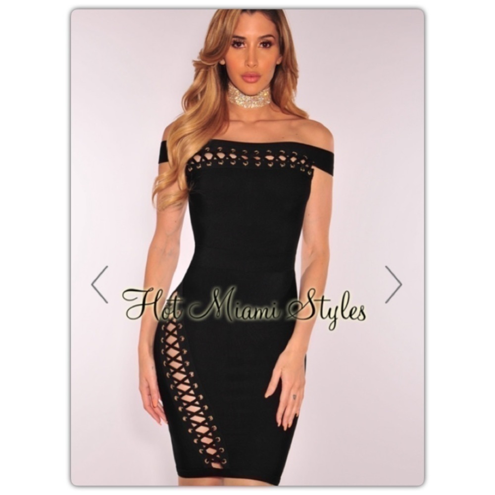 Hot Miami styles Black lace up, off shoulder bandage dress